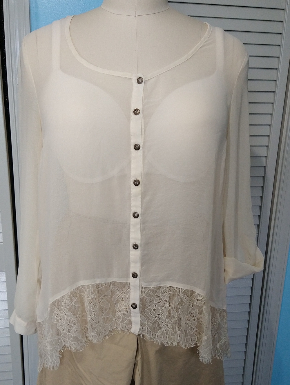 Bar III Cream Sheer Blouse with Lace Hem